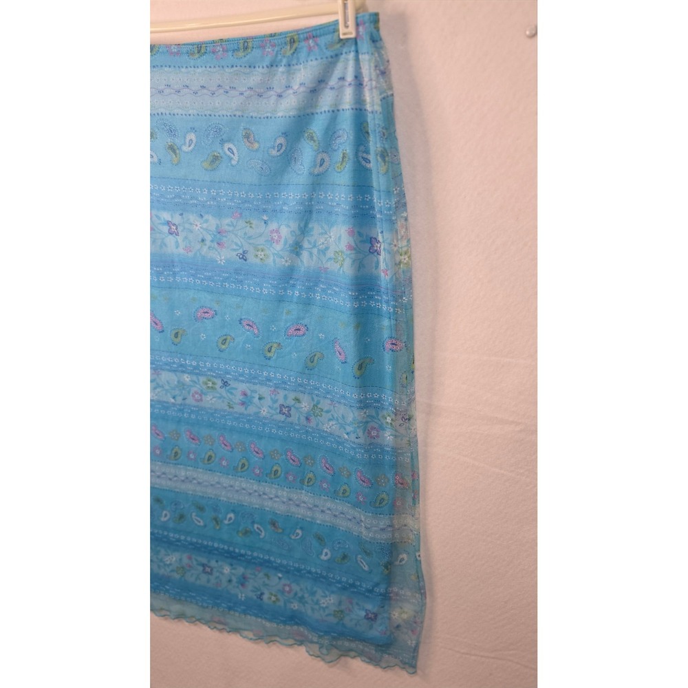 Vintage Y2K Blue Paisley Floral Mesh Maxi Skirt Lettuce Hem Large Made in USA - Picture 5 of 6